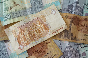 Different Egyptian pounds banknotes, money of Egypt