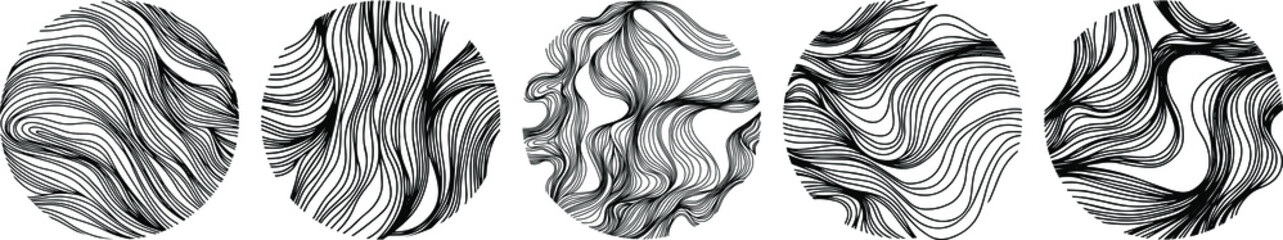 Set of abstract design. Circle dynamic waves and lines. Hand drawn simple shapes.