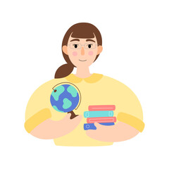 Teacher holds a globe and books. Illustration of a teacher in a flat style.