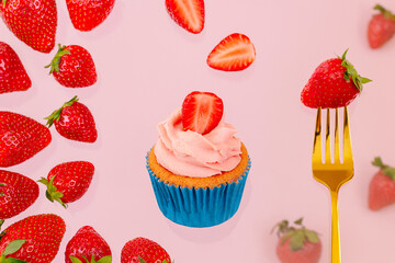set of cupcakes with strawberries