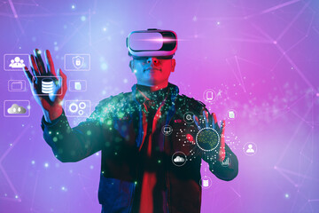 Metaverse digital cyber world technology, man with virtual reality VR goggle playing AR augmented...