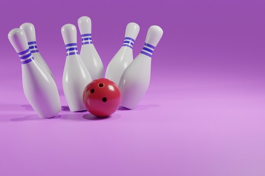 3D rendering illustration red ball and scattered white skittles isolated on purple background.