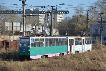 Fototapeta na wymiar Two trams in the trampark parking lot