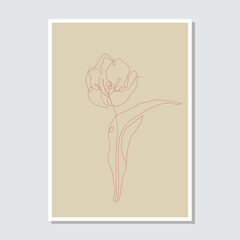 One single line drawing tulip flowers on an earthy background card template