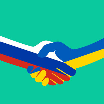 Conflict Ukraine-Russia. Flags of Russia and Ukraine. Reconciliation, truce in Ukraine. Peace talks, negotiations. Handshake logo. Vector illustration. EPS10.