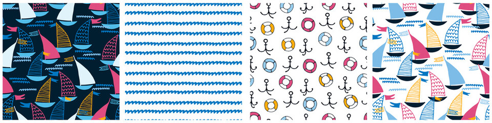 Seamless patterns set with hand drawn sailing boats and waves on dark background for surface design and other design projects. Sailing and fishing concept