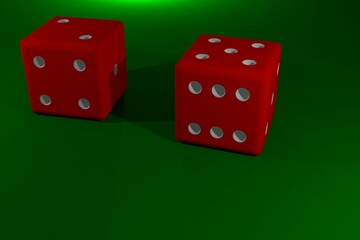 3d illustration. 3d rendered two red dice on green background