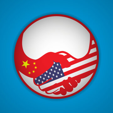 Handshake logo. Flags of USA and China. Economic cooperation. Partnership, frienship. Vector illustration. EPS10.