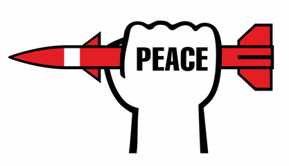 The hand catches the rocket. The inscription Peace. political poster