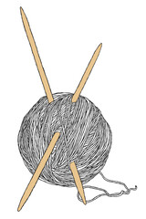 A ball of thread with two wooden needles