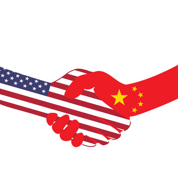 Handshake logo. Flags of USA and China. Economic cooperation. Partnership, frienship. Vector illustration. EPS10.