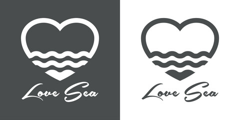 Logotipo con texto manuscrito Love Sea con silueta de corazón con olas con líneas en fondo gris y fondo blanco © teracreonte