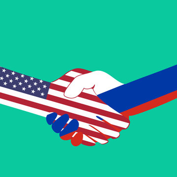 Handshake logo. Flags of USA and Russia. Economic cooperation. Partnership, frienship. Reconciliation and truce. Vector illustration. EPS10.