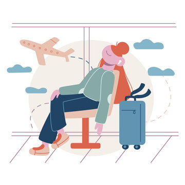 Vector flat cartoon illustration. Young girl is sitting at the airport in the waiting room. Waiting for the plane.