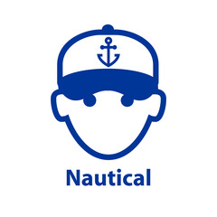 Logotipo con texto Nautical con silueta de cara de chico con gorra de béisbol con ancla estampado en color azul