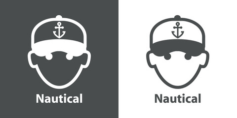 Logotipo con texto Nautical con silueta de cara de chico con gorra de béisbol con ancla estampado en fondo gris y fondo blanco