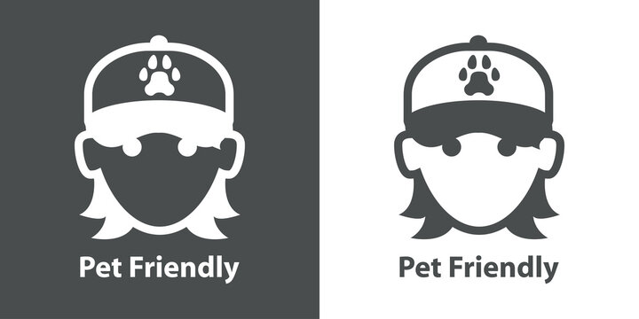 Logotipo con texto Pet friendly con silueta de cara de chica con gorra de béisbol con zarpa de gato o perro estampado en fondo gris y fondo blanco