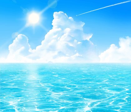 太陽の下入道雲の青い空と飛行機雲と海のゆらめく波の夏イメージの美しいフレームイラスト素材