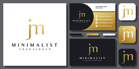 Initials Letter JM or J M Gold Luxury Elegant Lowercase Simple Vector Logo Design with Business Card