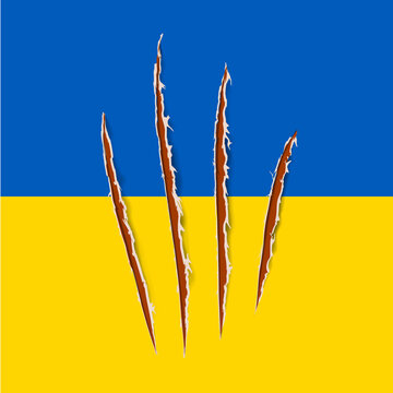 Conflict Ukraine-Russia. Flag of Ukraine. War in Ukraine. Nail trace. Ragged edges. Red claw animal track. Vector illustration. EPS10.