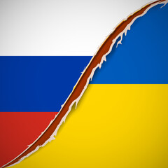 Conflict Ukraine-Russia. Flags of Russia and Ukraine. War in Ukraine. Nail trace. Ragged edges. Red claw animal track. Vector illustration. EPS10.