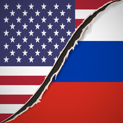 Conflict USA-Russia. Flags of USA and Russia. Relationship breakup. Nail trace. Ragged edges. Claw animal track. Vector illustration. EPS10.