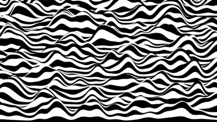 Trendy 3D zebra black and white stripes distorted backdrop. Procedural ripple background with optical illusion effect