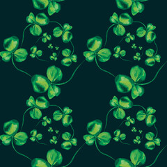 Shamrock seamless foliate pattern, watercolor leaves on black