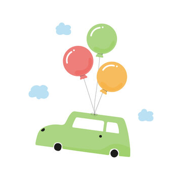 Green car with balloons vector illustration for birthday invitation, postcard, logo, sticker and instructional media