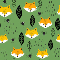 Forest seamless vector pattern. Simple design with fox, leaf and spider on green background. Repeated illustration for fabric, wallpaper, giftwrap design. Eps 10