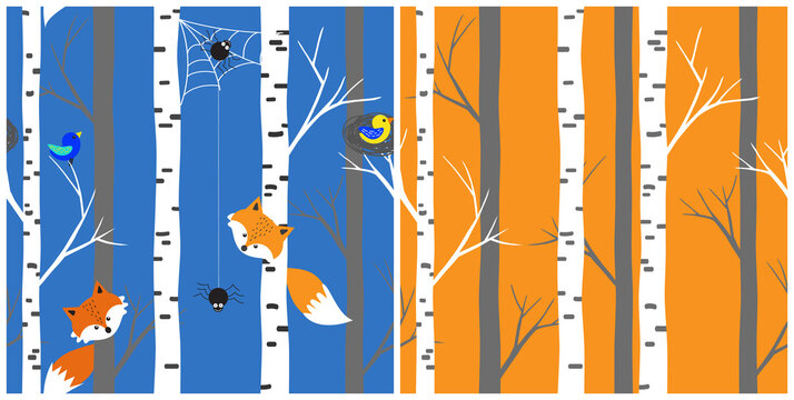 Set of seamless vector pattern. Simple forest design, fox, spider, spider web and bird. Repeated background for fabric, wallpaper, giftwrap design. Eps 10