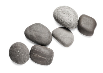 Group of different stones on white background, top view