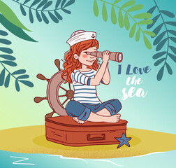 Cute girl sitting on a suitcase and looking in spyglass. Travel and adventure concept
