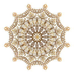 A mandala in gold on a white background. Ethnic ornament to be placed on fabric, leather, glass, paper. Template for a tattoo, henna drawing.