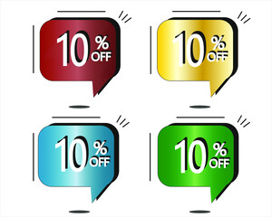 10% off. Red, yellow, blue and green stickers. Vector with four colorful balloons for special offers