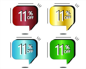 11% off. Red, yellow, blue and green stickers. Vector with four colorful balloons for special offers