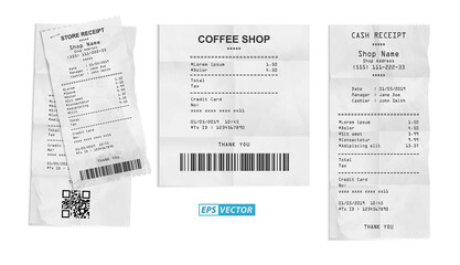 set of realistic cash register sales receipt isolated or cash receipt printed white paper or printout thermal rolled paper. eps vector - obrazy, fototapety, plakaty