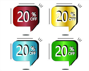 20% off. Red, yellow, blue and green stickers. Vector with four colorful balloons for special offers