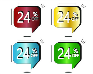 24% off. Red, yellow, blue and green stickers. Vector with four colorful balloons for special offers