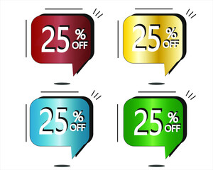 25% off. Red, yellow, blue and green stickers. Vector with four colorful balloons for special offers