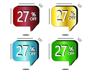 27% off. Red, yellow, blue and green stickers. Vector with four colorful balloons for special offers