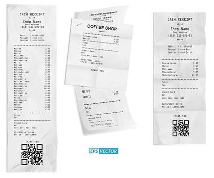 set of realistic cash register sales receipt isolated or cash receipt printed white paper or printout thermal rolled paper. eps vector