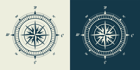 Vintage marine wind rose, nautical chart. Monochrome navigational compass with cardinal directions of North, East, South, West. Geographical position, cartography and navigation. Vector illustration. © 32 pixels