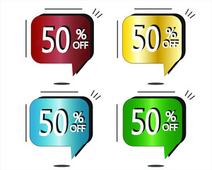 50% off. Red, yellow, blue and green stickers. Vector with four colorful balloons for special offers