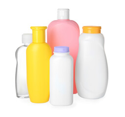 Set of baby cosmetic products on white background