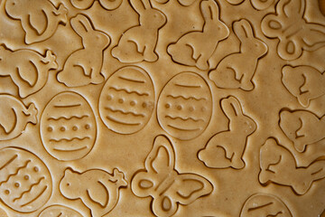 The process of making homemade Easter cookies from the dough using cutout molds.