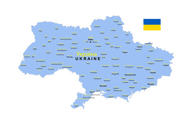 Obraz premium Ukraine Landkarte mit Städte Namen auf deutsch und ukrainisch und Landesflagge, Vektor Illustration isoliert auf weißem Hintergrund 