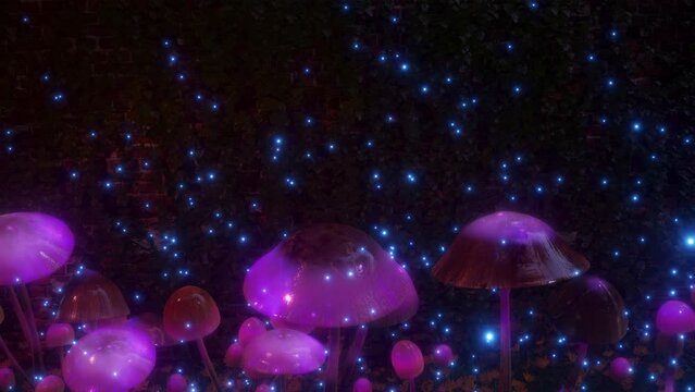 Magic Mushroom Motion Graphics 3D Animation Blue Magical Forest Background Trippy Vj Loop 4k Pattern