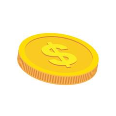 Gold coin of one dollar. Isolated, flat, golden money, token