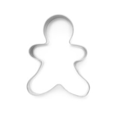 Gingerbread man cookie cutter on white background, top view